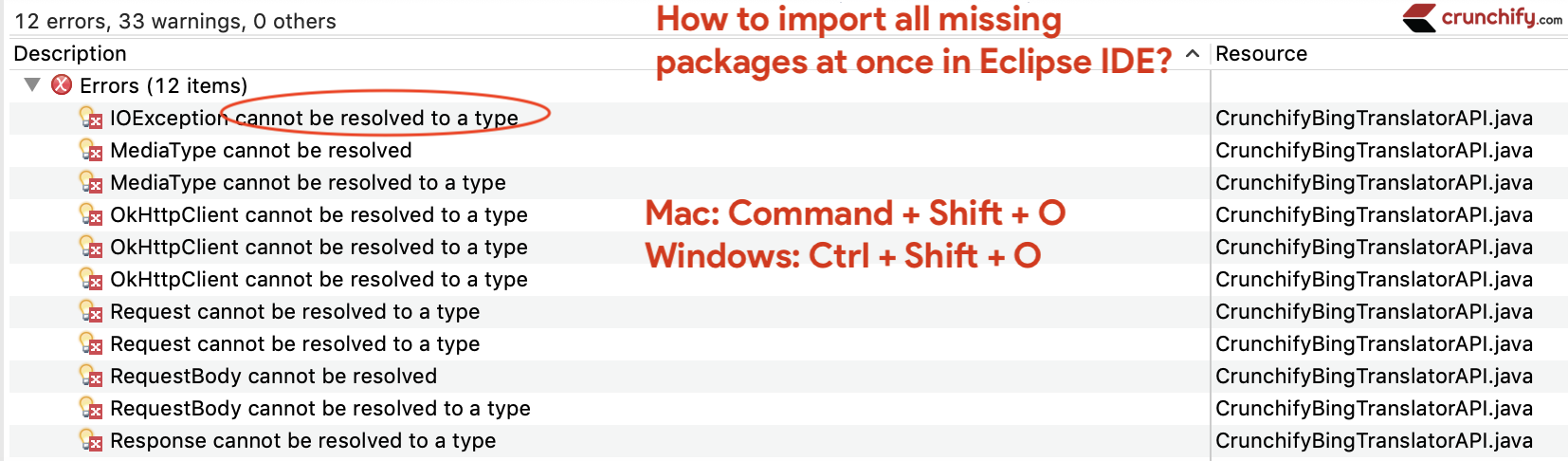 How to import all missing Java packages at once in Eclipse IDE • Crunchify