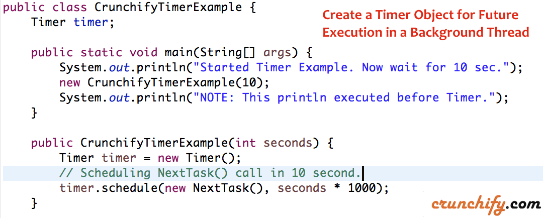 Java: Create Timer for Future Execution in a Background - Timer.schedule() Example • Crunchify