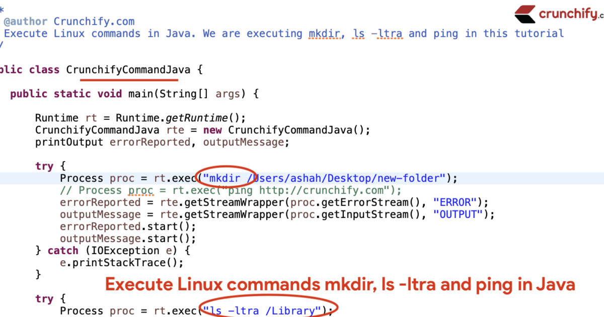 Execute Linux commands mkdir, ls -ltra and ping in Java