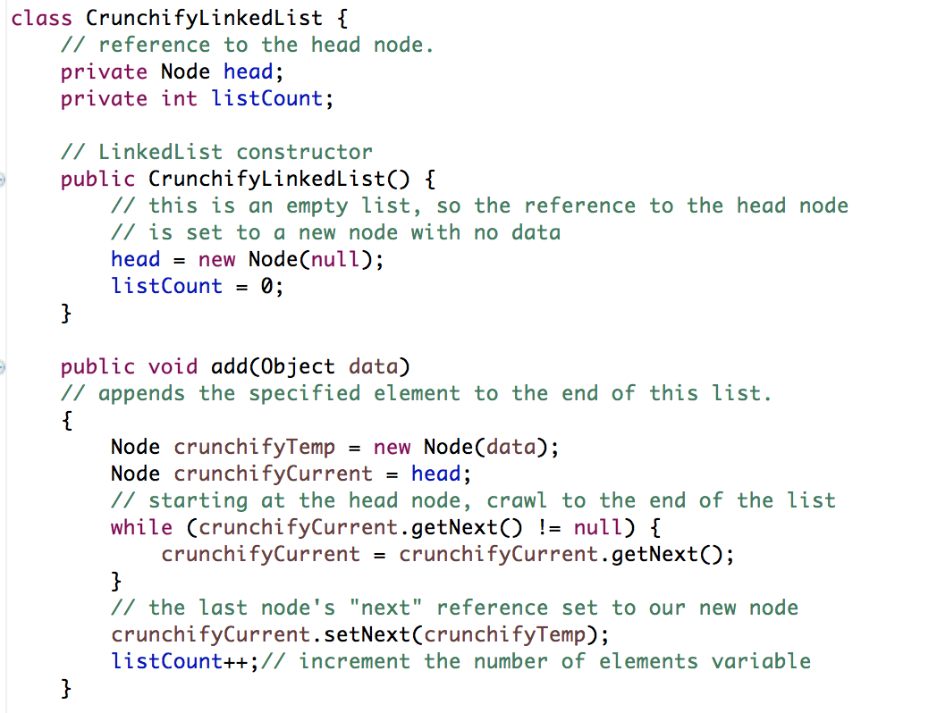 java linked list class implementation