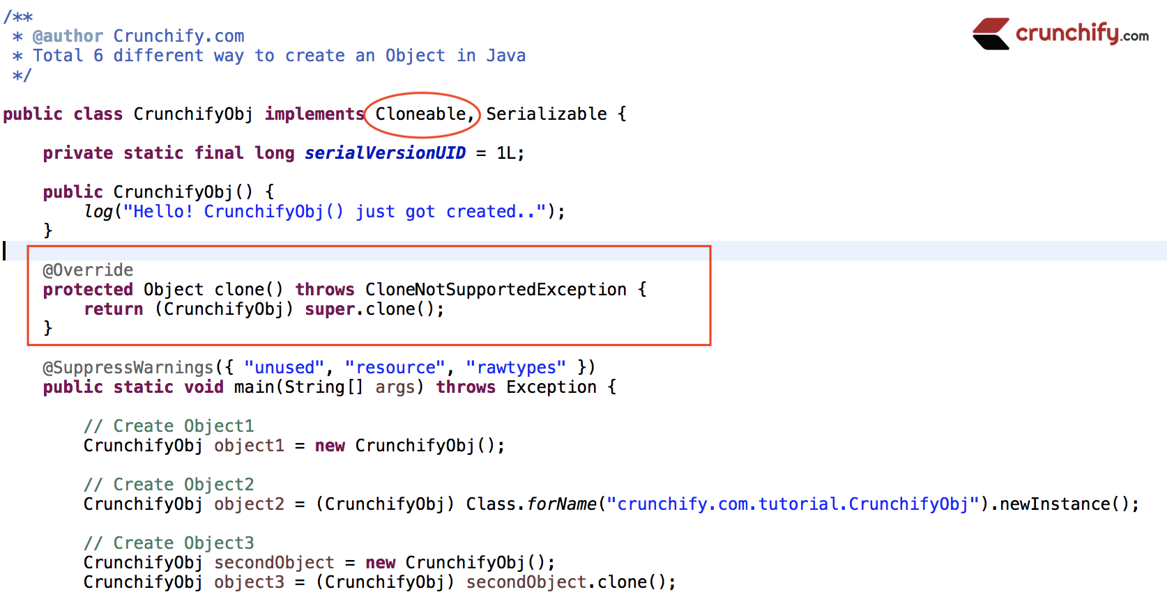 How to avoid Exception in thread main java.lang.CloneNotSupportedException • Crunchify