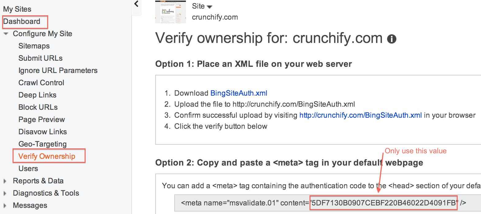 How to Find Bing Webmaster Metatag Value to Verify Ownership of Your Site •  Crunchify