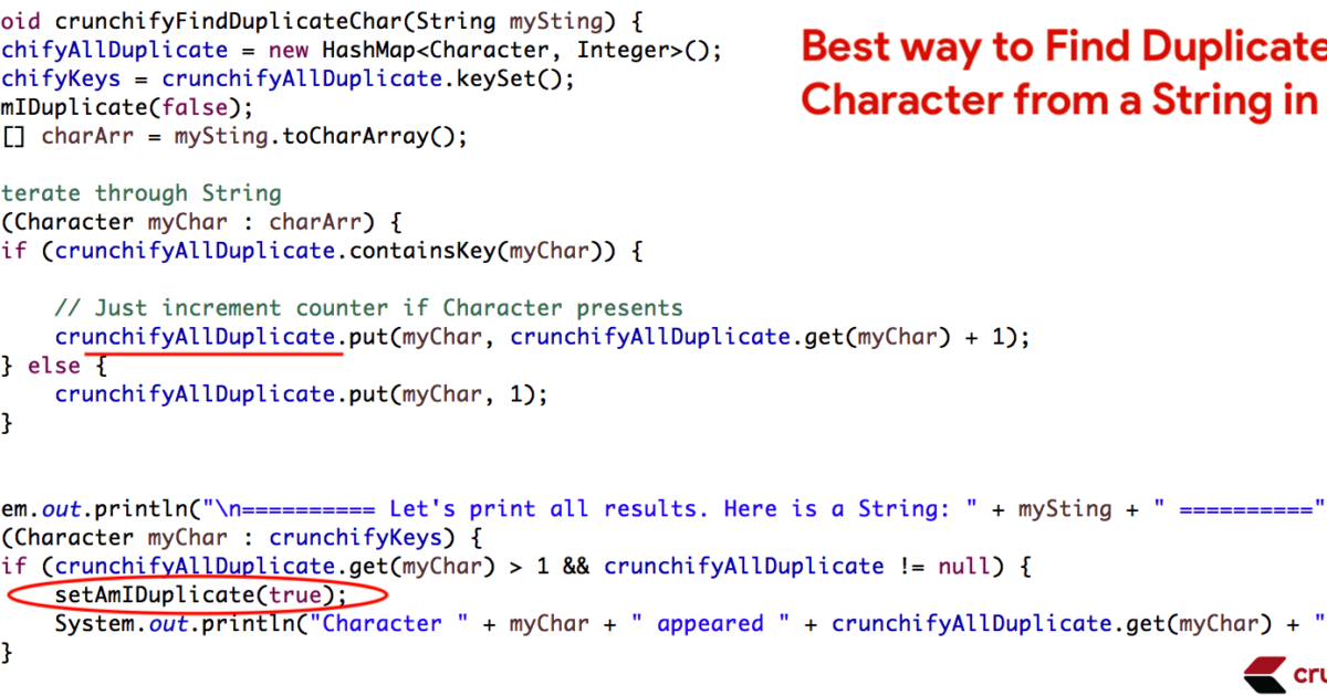 Best way to Find Duplicate Character from a String in Java by Crunchify