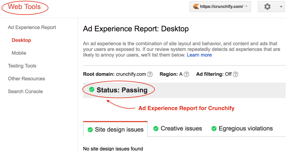 Ad Experience Report for Crunchify - Status-passing