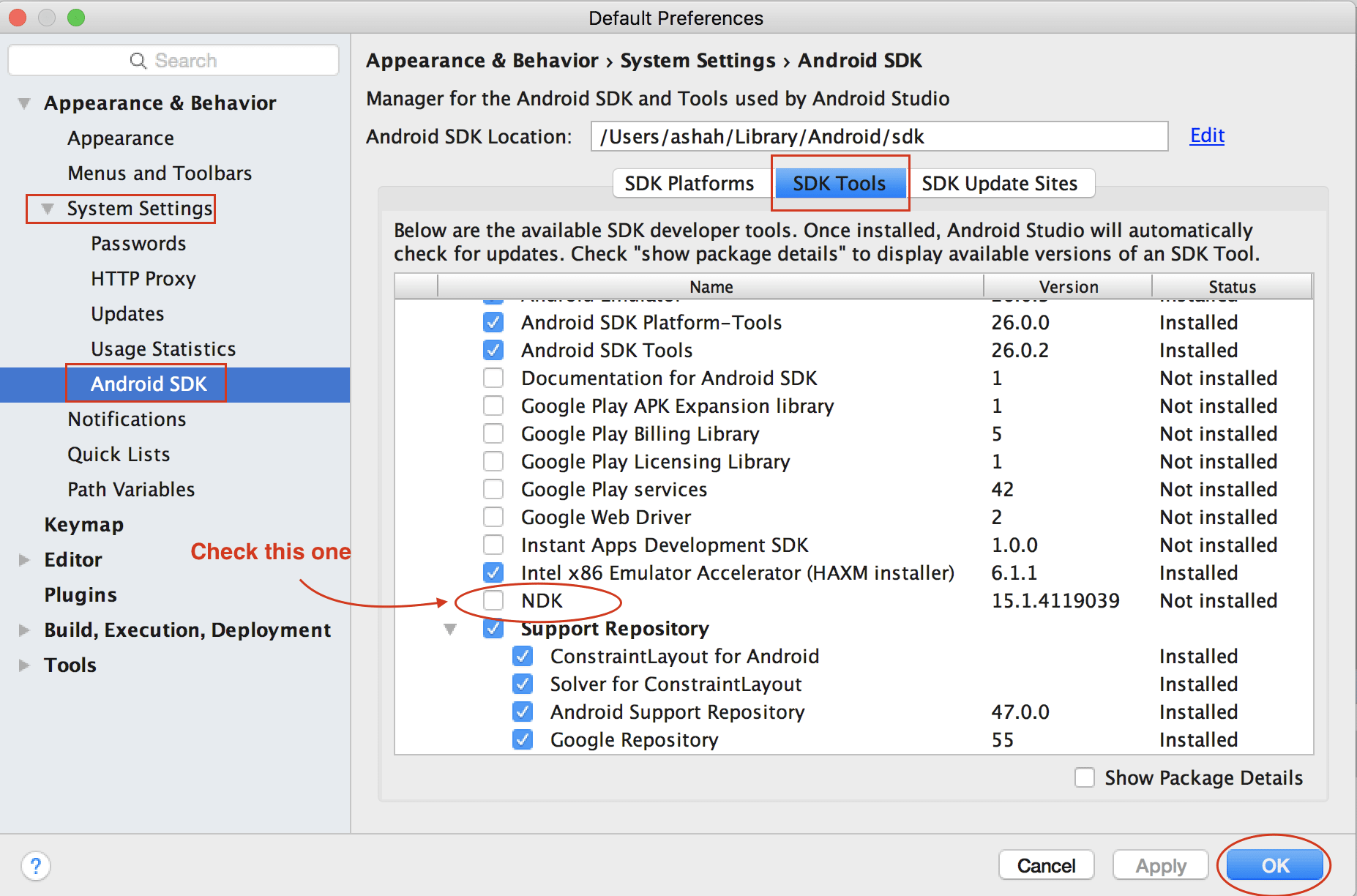 Default preference. Android SDK default Path. EOS SDK Error. Intel SDK. Android SDK NDK Tools install failed: validation failed.