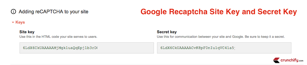 Google Recaptcha Site Key and Secret Key