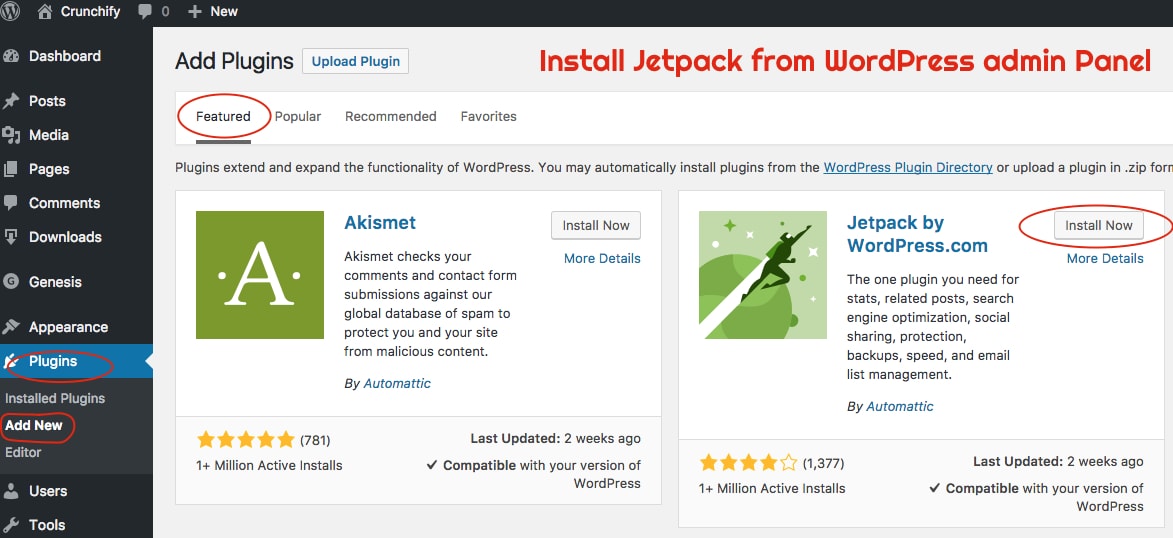 Install Jetpack from WordPress admin Panel - Crunchify Tips