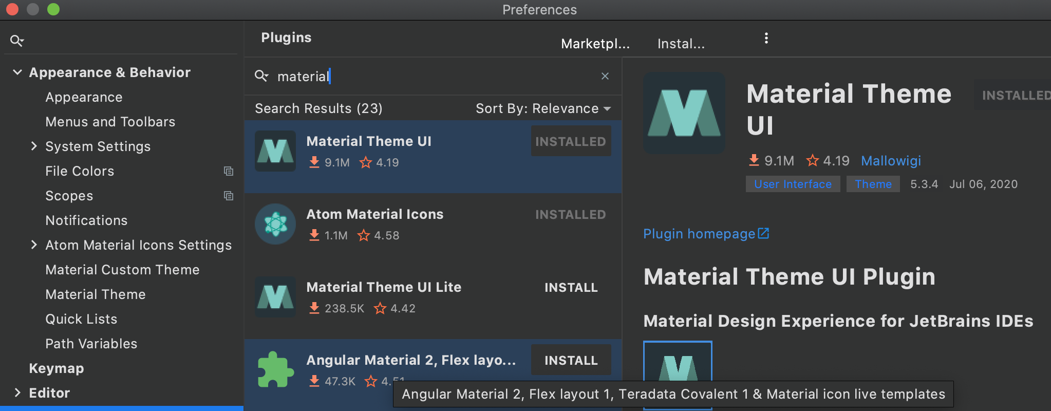 IntelliJ IDEA - install and activate Material Theme UI