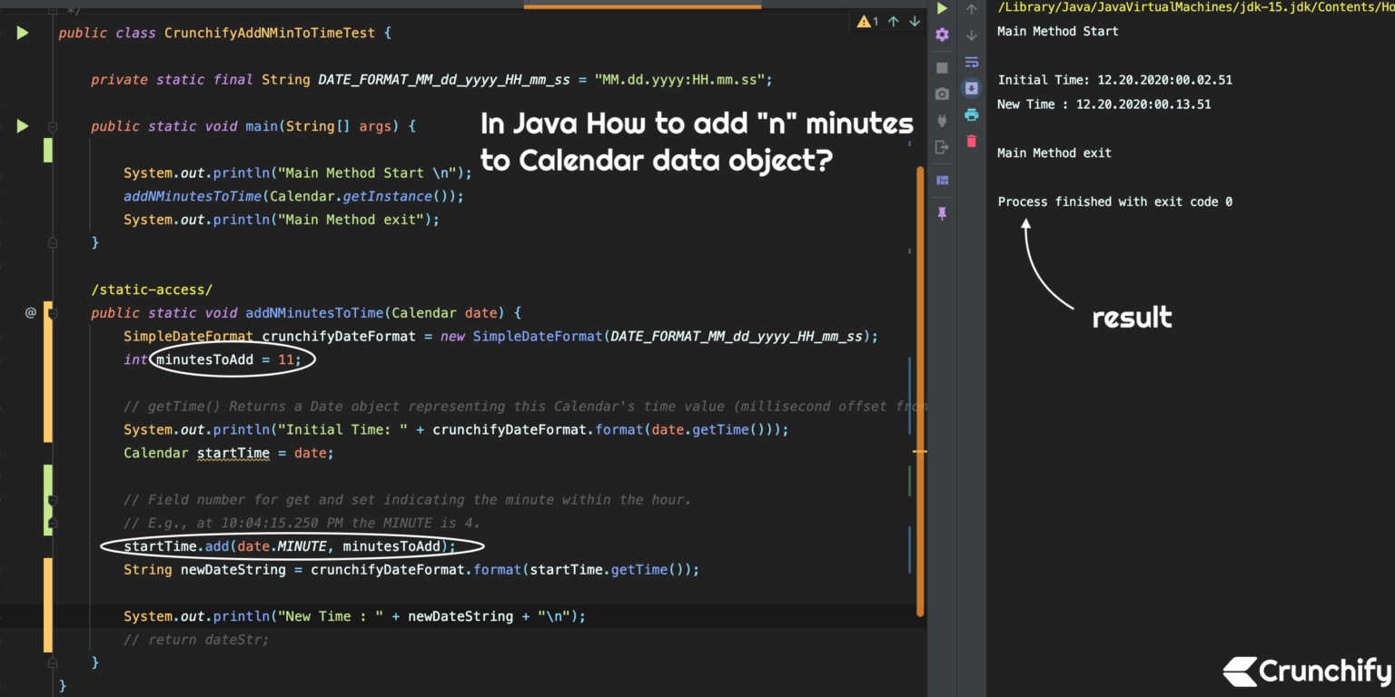 Java: How to add "n" minutes to Calendar data object? • Crunchify