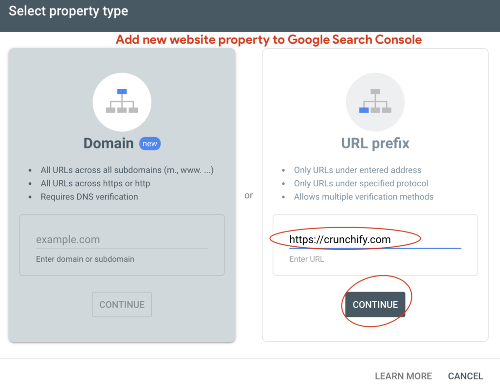 Add new website property to Google Search Console