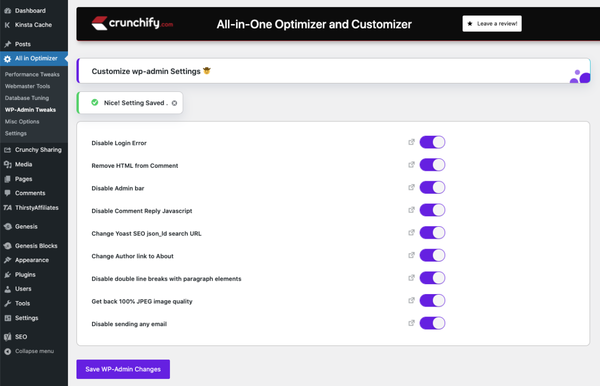 Crunchy Optimizer WordPress Plugin WP-Admin tweaks and settings