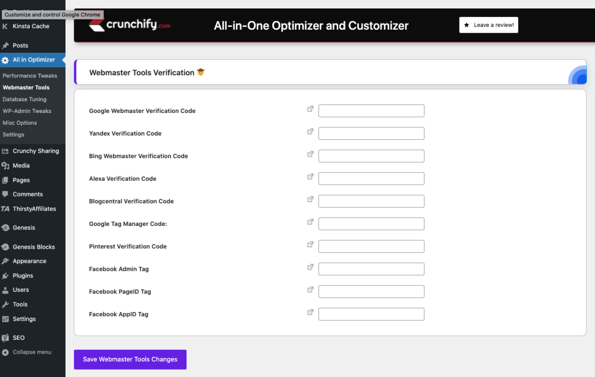 Crunchy Optimizer WordPress Plugin Webmaster Tools
