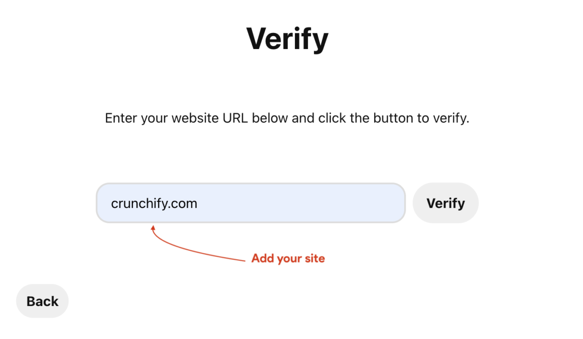 Pinterest Verification - Add your site and click on Verify button