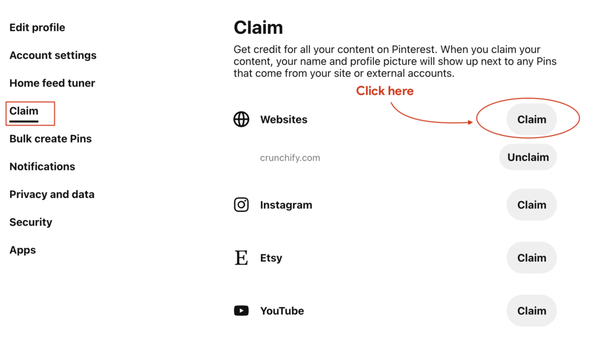 Pinterest Verification - Click Settings, Claim button