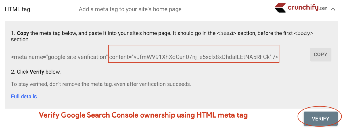 Verify Google Search Console ownership using Meta tag