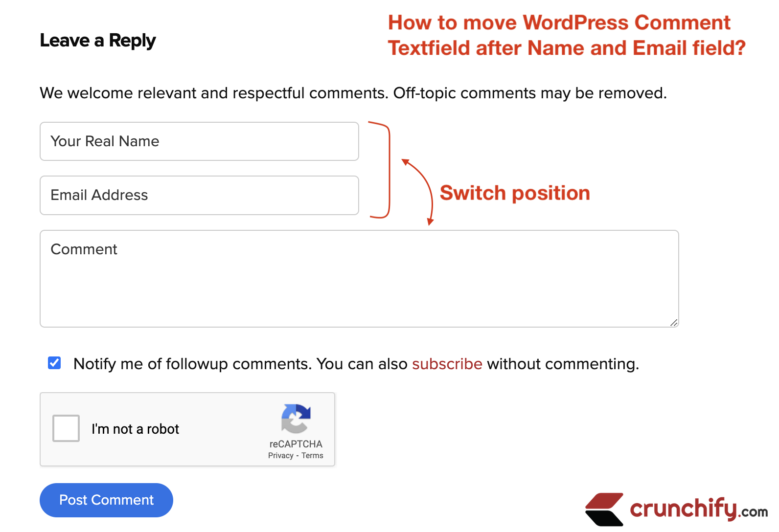 How To Move WordPress Comment Textfield After Name And Email Field 